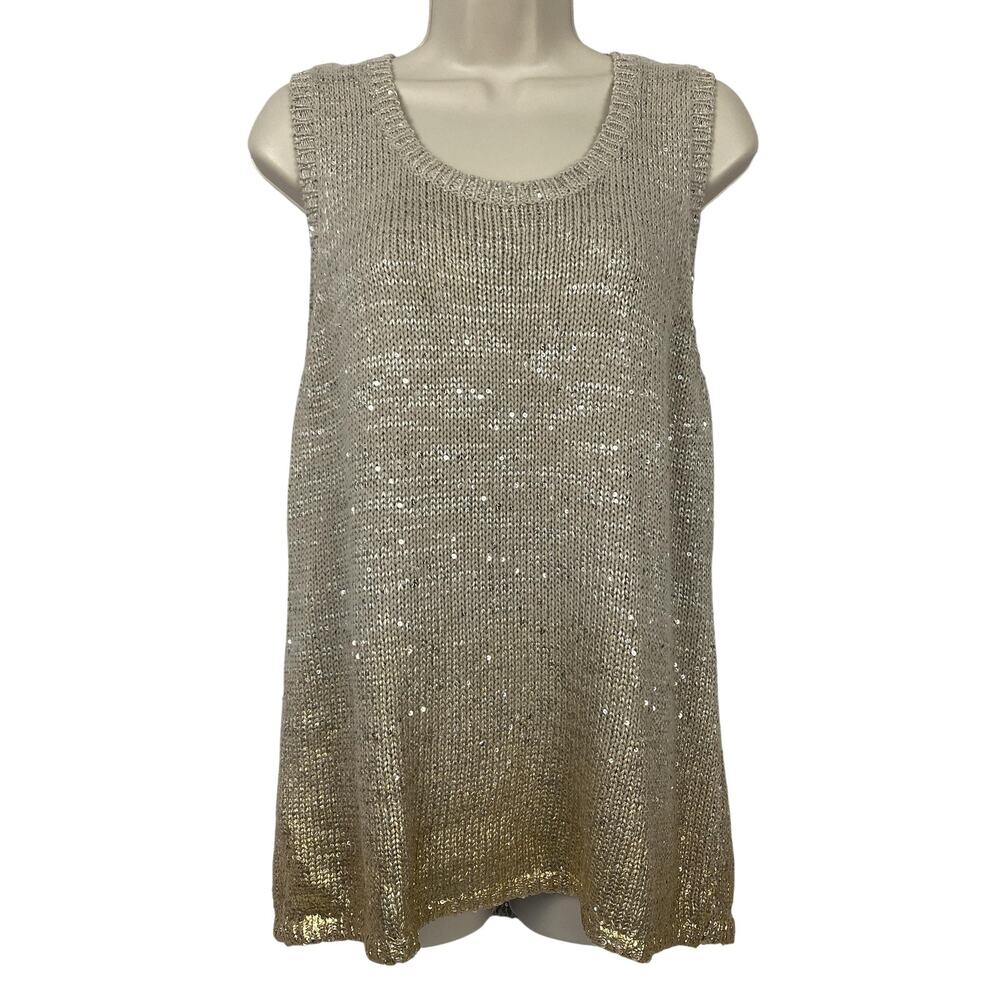 Chicos Sweater Size 2 Large Gold Sequin Scoop Neck Tunic Tank Party Holiday Glam